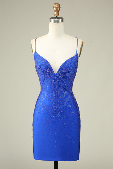 Sexig V-ringad Blå Spaghetti Straps Homecoming Klänning Med Beading